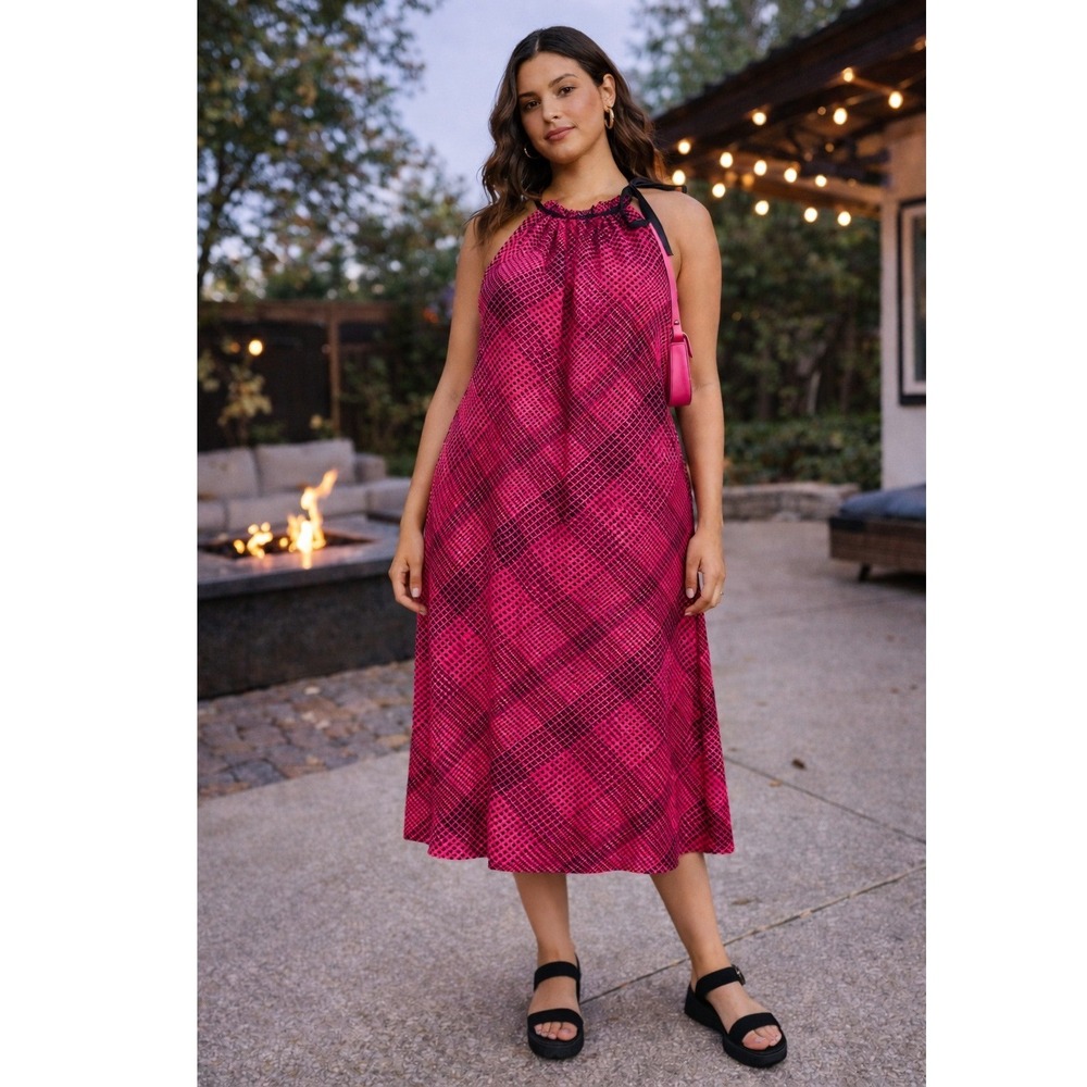 Max UK Pink & Black Geometric Halter Tie Neck Trapeze Dress US Size 14 Y2K Retro